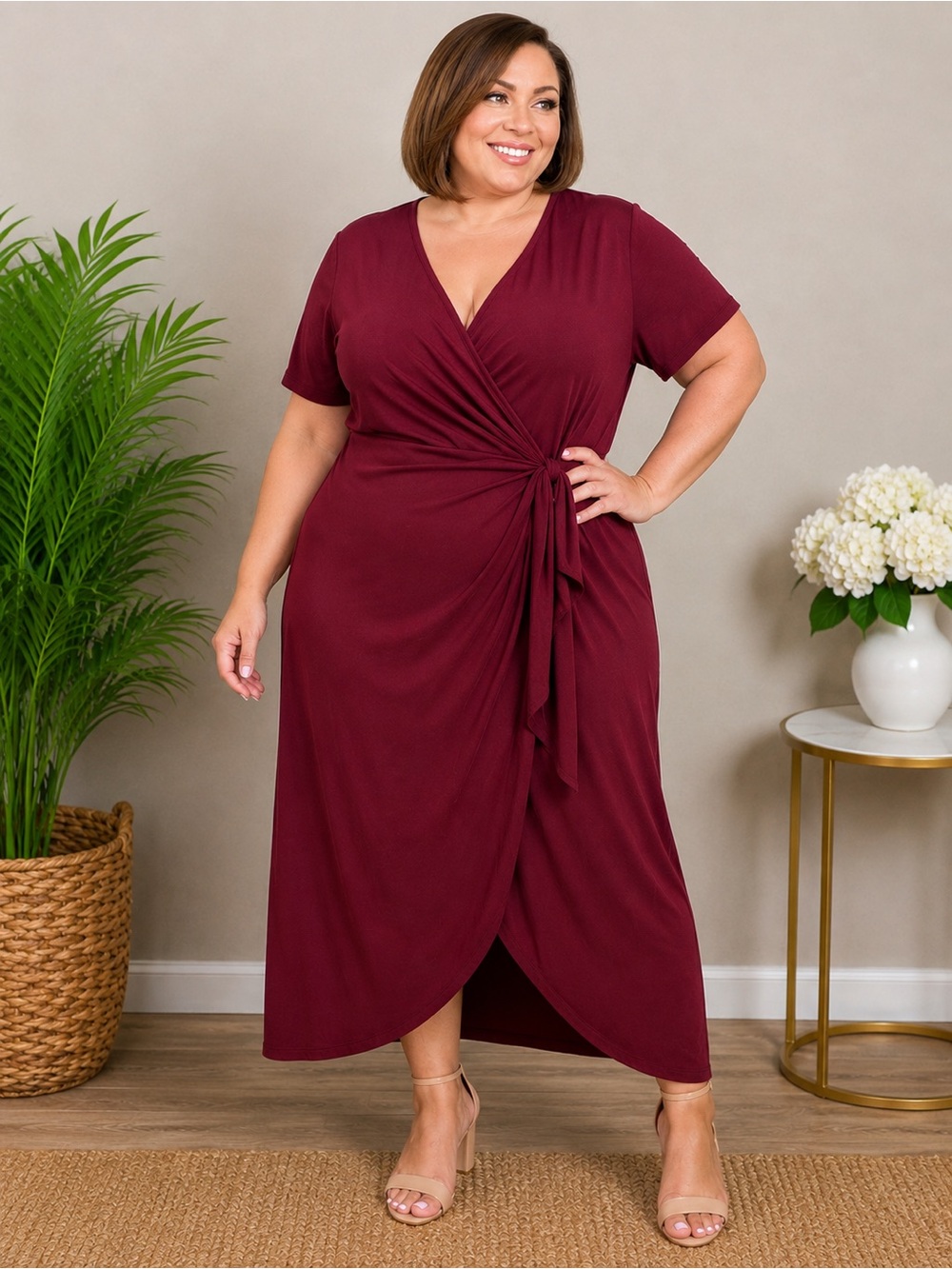 Unbranded 3X Wine Burgundy Wrap Dress Short Sleeve Tie Waist Plus Size